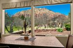 Views of Sedona`s famous Thunder Mountain right from your dining table